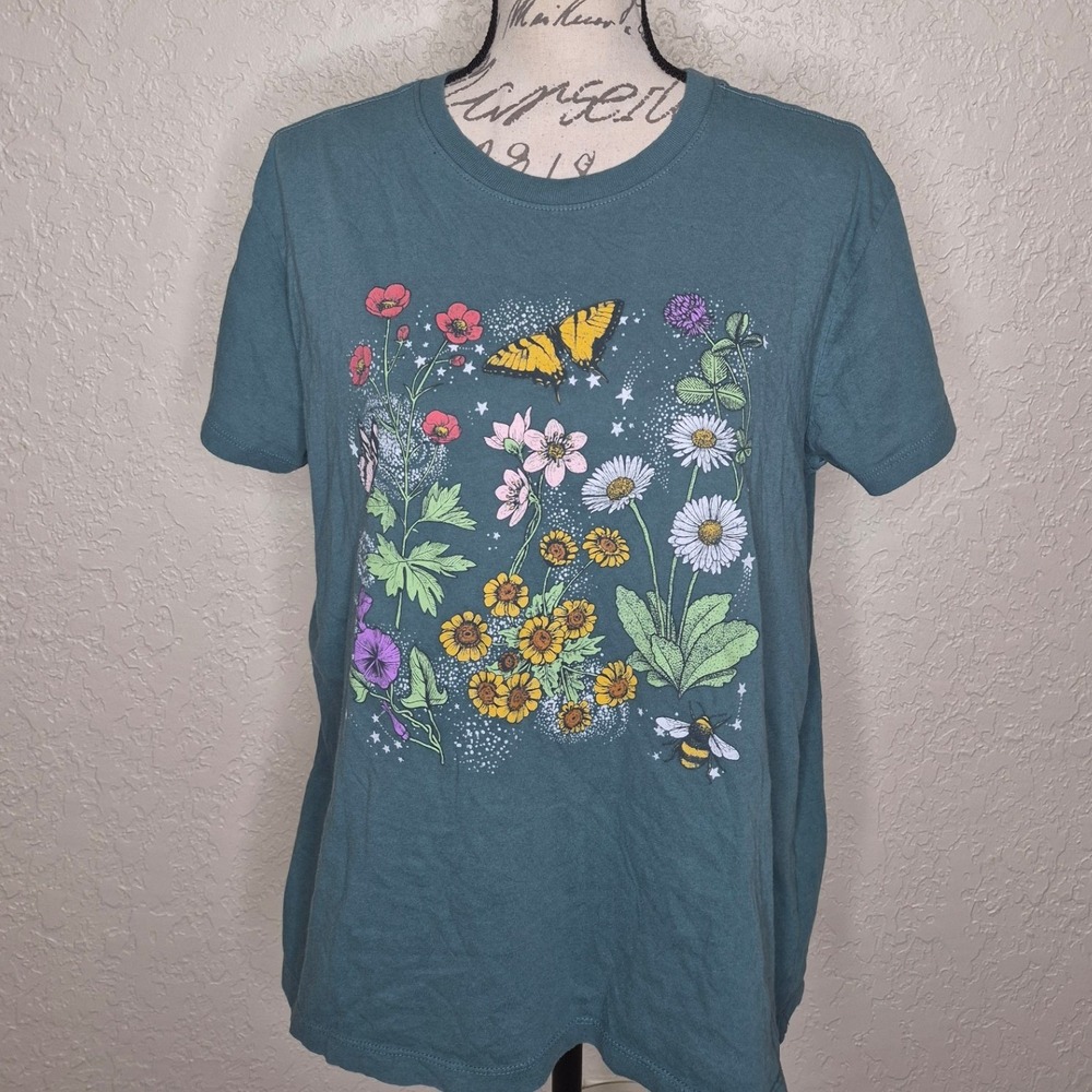 Doe Womens Floral Butterfly Graphic T-Shirt Green Cotton Short Sleeve LG